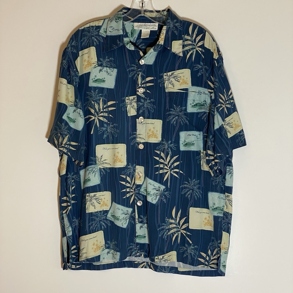 VTG Pineapple‎ Moon Shirt Mens Large Blue Silk Hawaiian Tropical Resort Cruise L